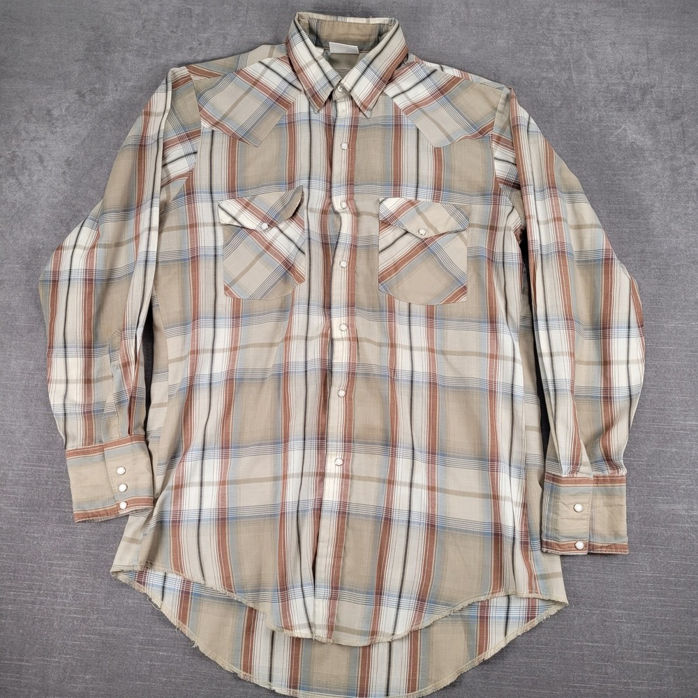 Western Frontier Vintage USA Plaid Shirt Long Sleeve Pearl Snap Mens Medium Flaw
